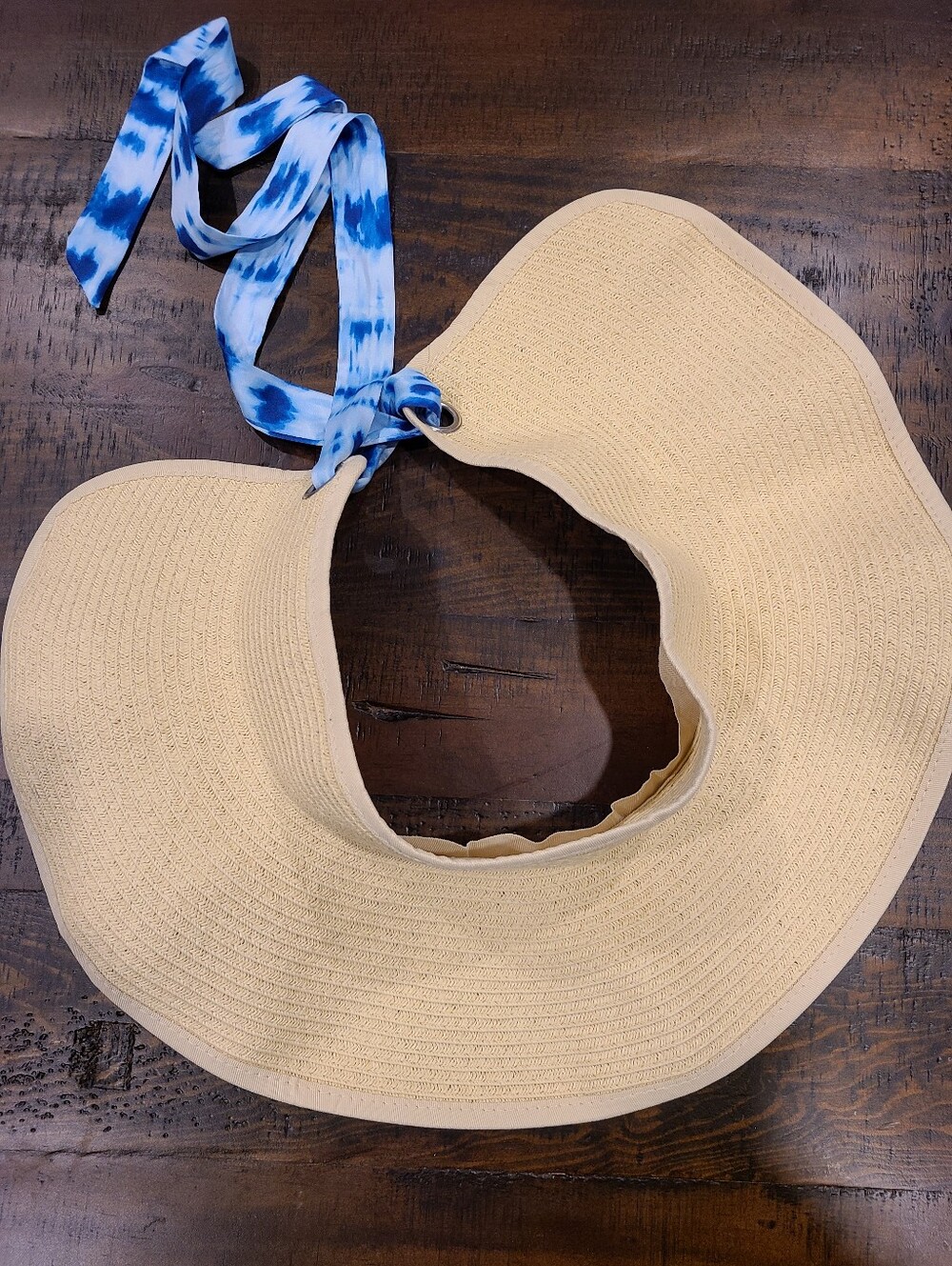 Wide Brim Straw Sun Hat with Blue Tie